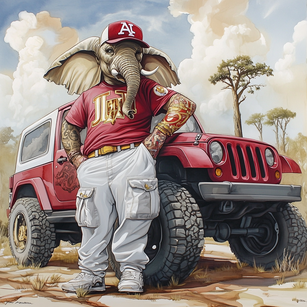 Hyper realistic caricature illustration of Alabama elephant in attire.