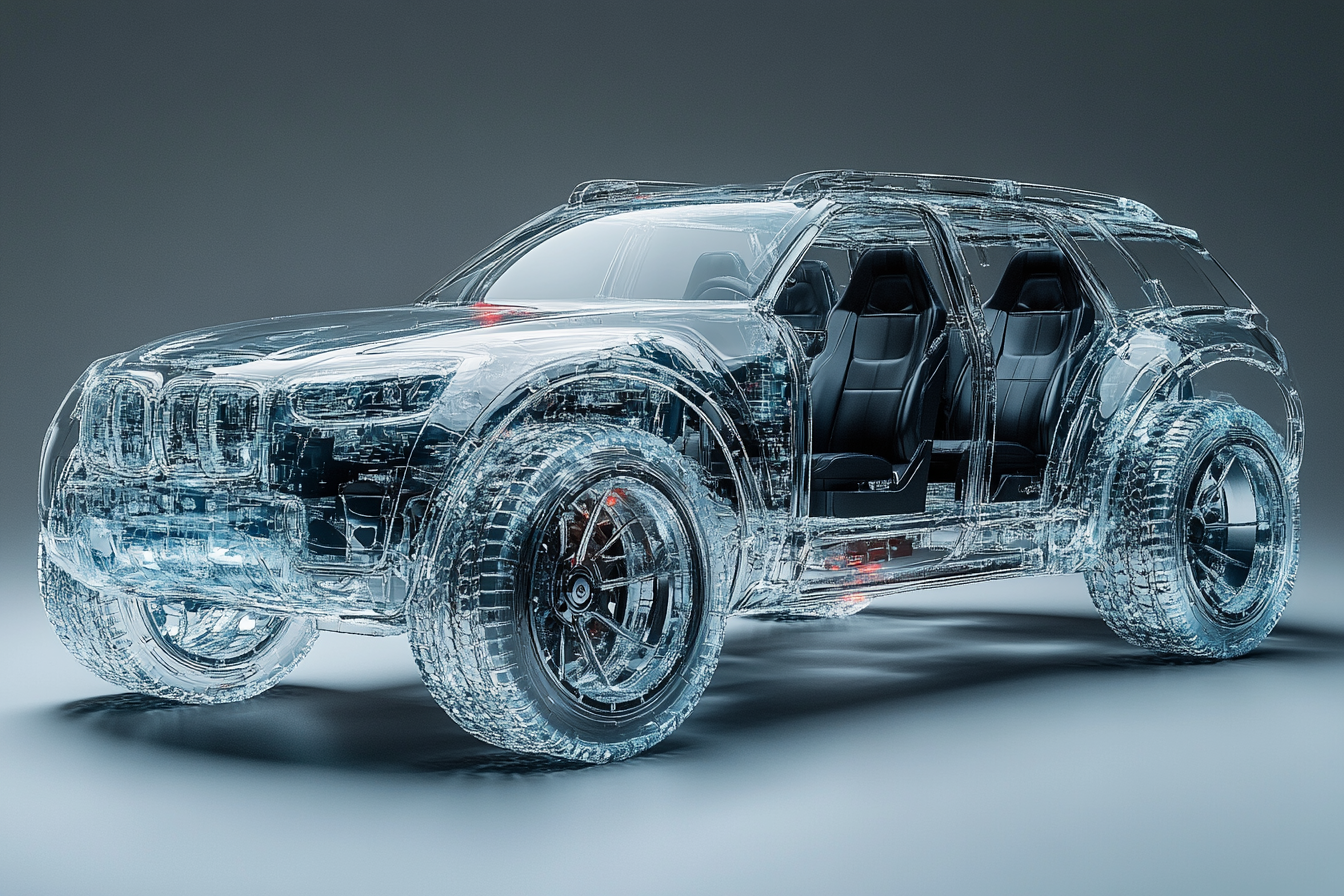 Hyper-realistic family car with transparent body and opague interior.