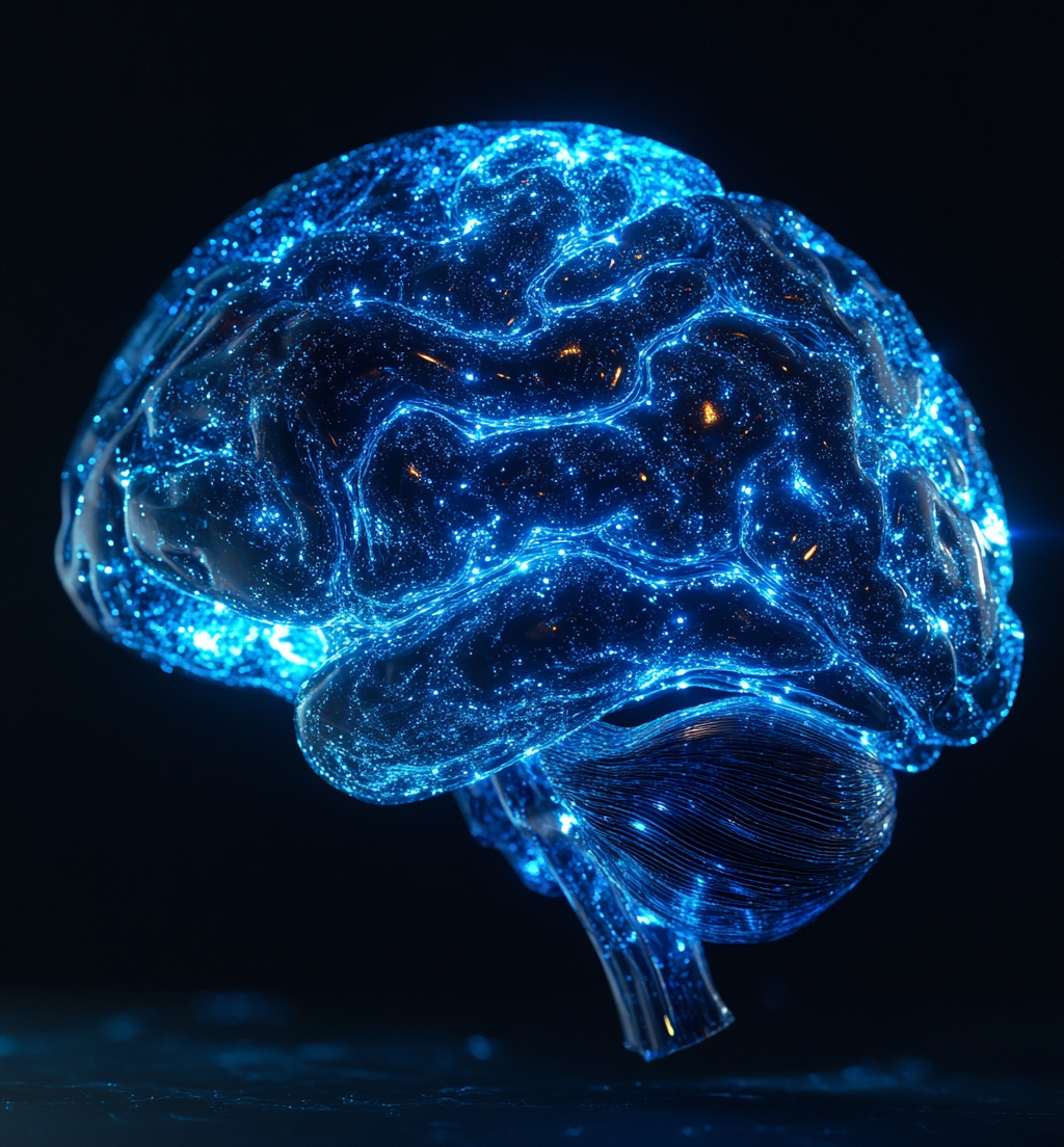 Hyper-realistic glowing blue electronic brain on black background