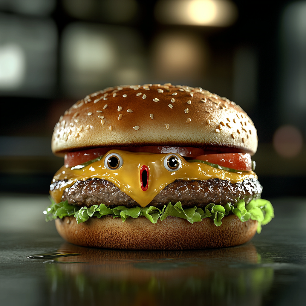 Hyper-realistic hamburger with human face in casual environment.