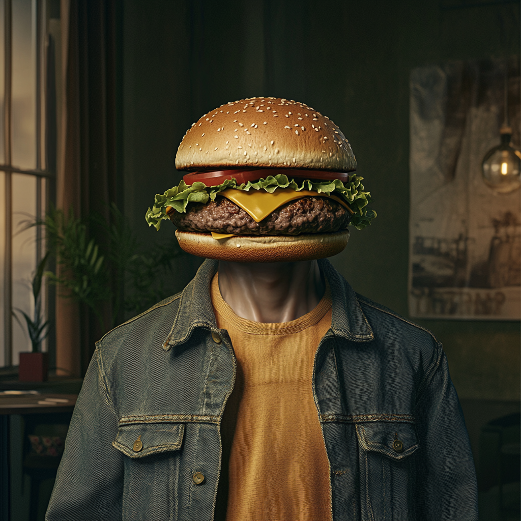 Hyper-realistic human body with hamburger head. Surreal scene.