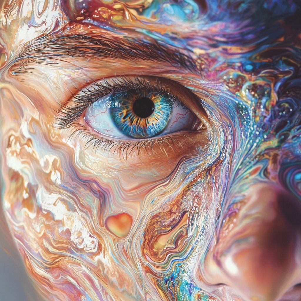 Hyper-realistic human face with metallic swirling patterns.