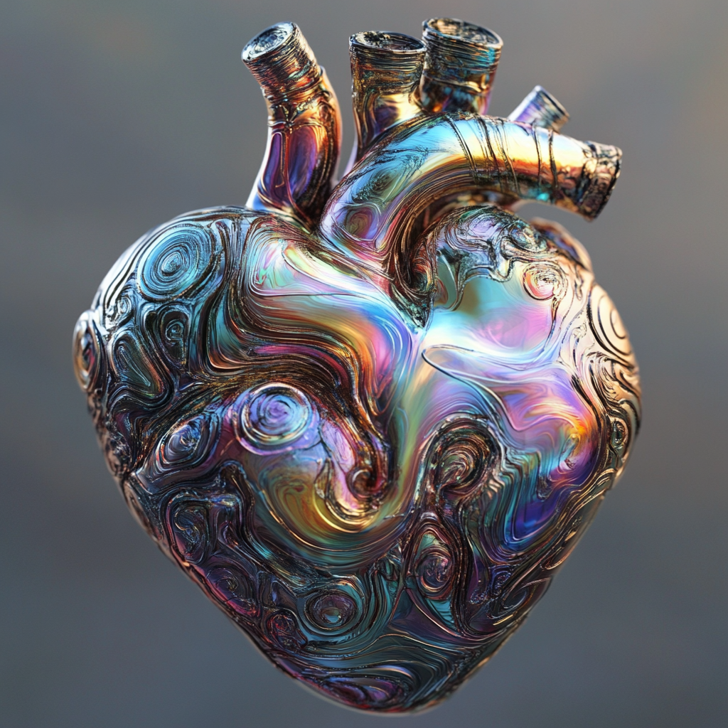 Hyper-realistic human heart with metallic swirling patterns