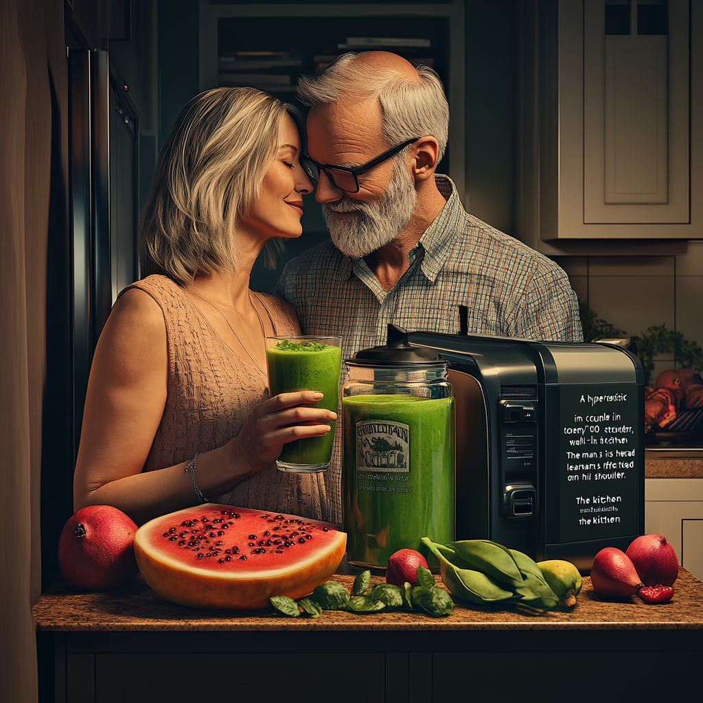 Hyper-realistic image of couple in modern kitchen, intimate.