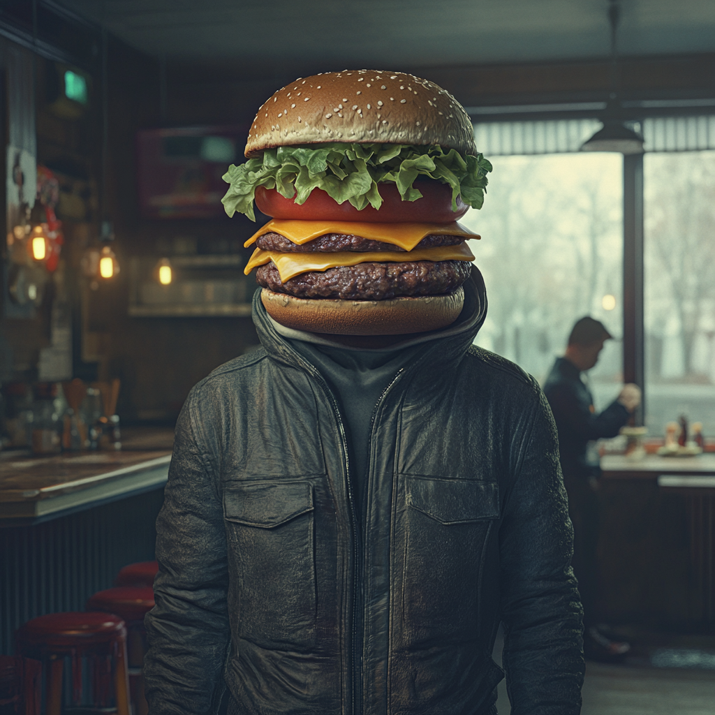 Hyper-realistic image of human body with burger head.