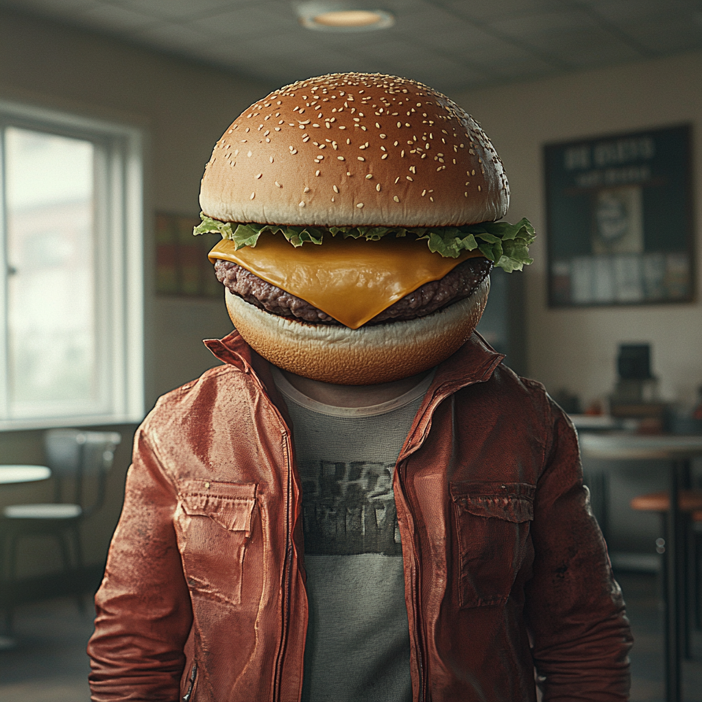 Hyper-realistic image of human body with hamburger head.