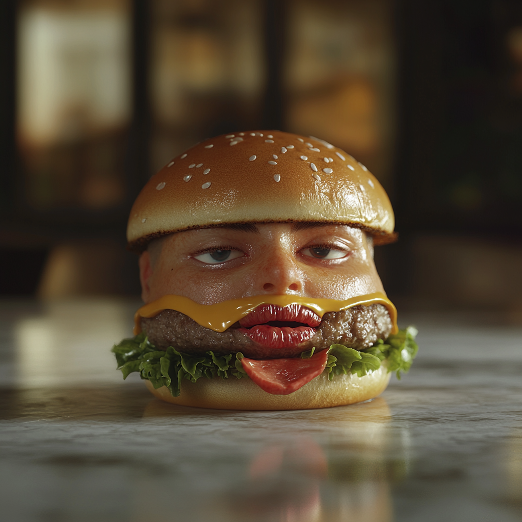 Hyper-realistic image of human-faced hamburger in natural setting.