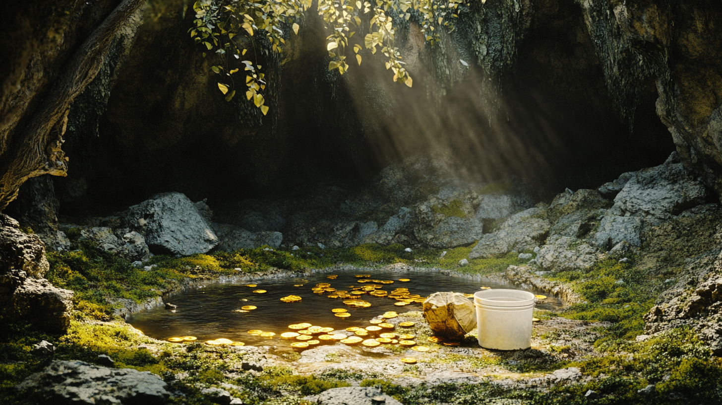 Hyper realistic image of old underground lake with gold.