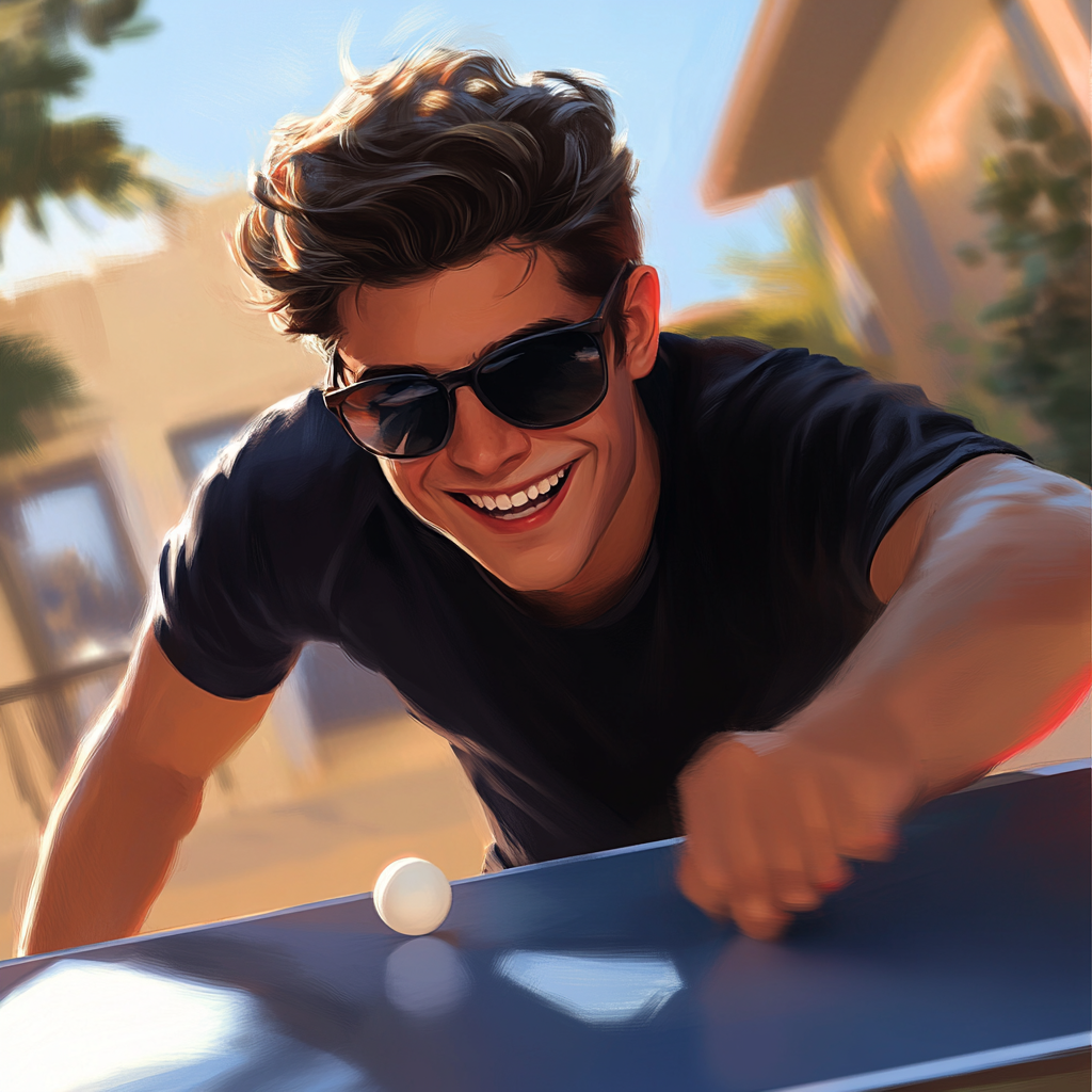 Hyper-realistic image of young man playing table tennis outdoors.