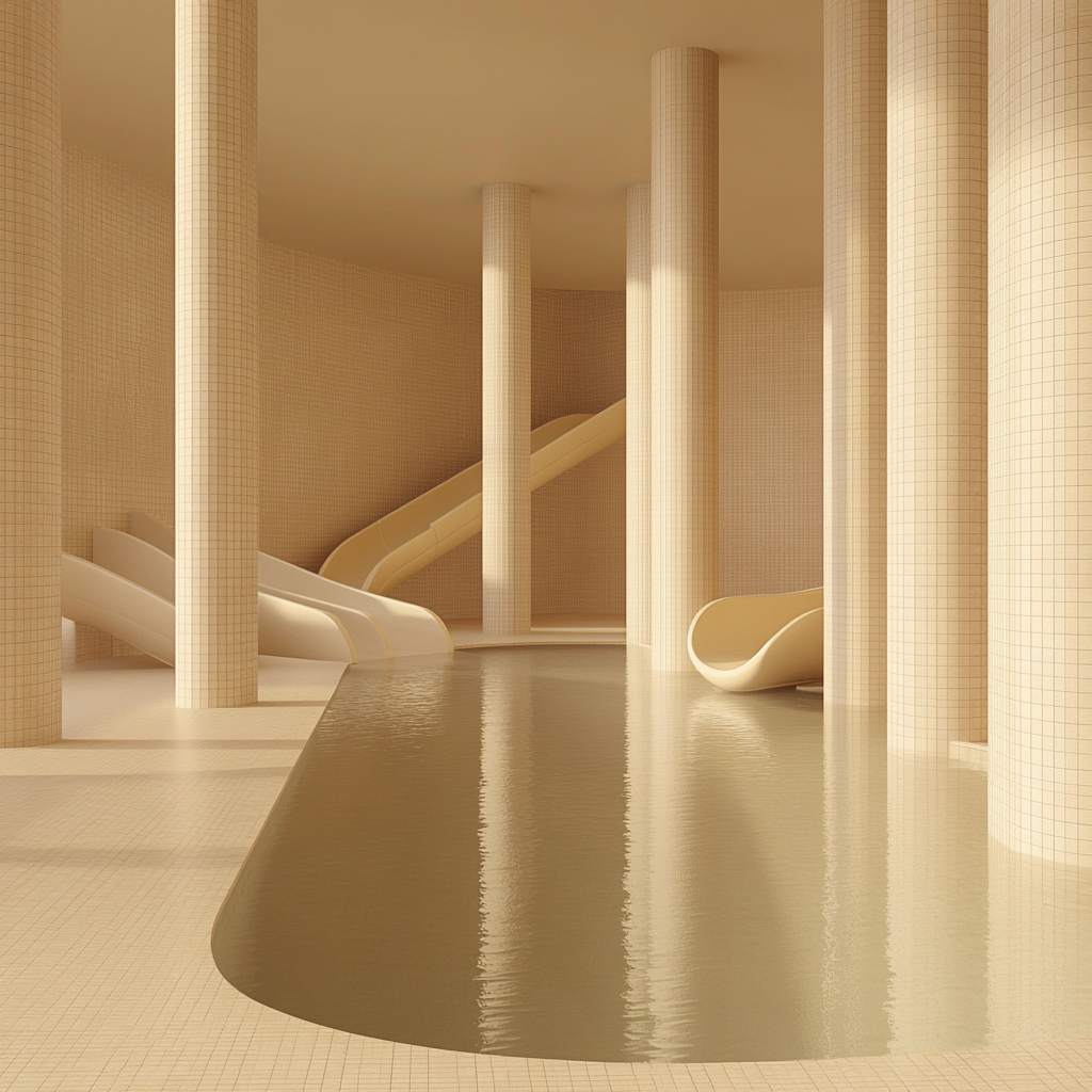 Hyper-realistic indoor poolroom with beige tiled walls.