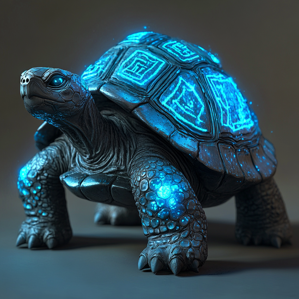 Hyper-realistic mystical tortoise with glowing ancient symbols shell