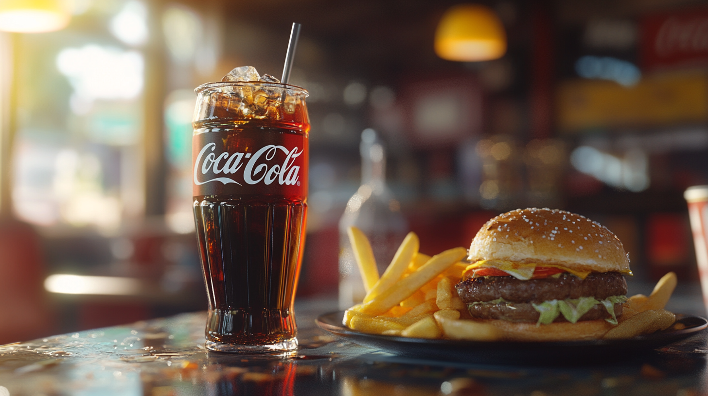 Hyper realistic photo of Coca Cola sponsored food menu.