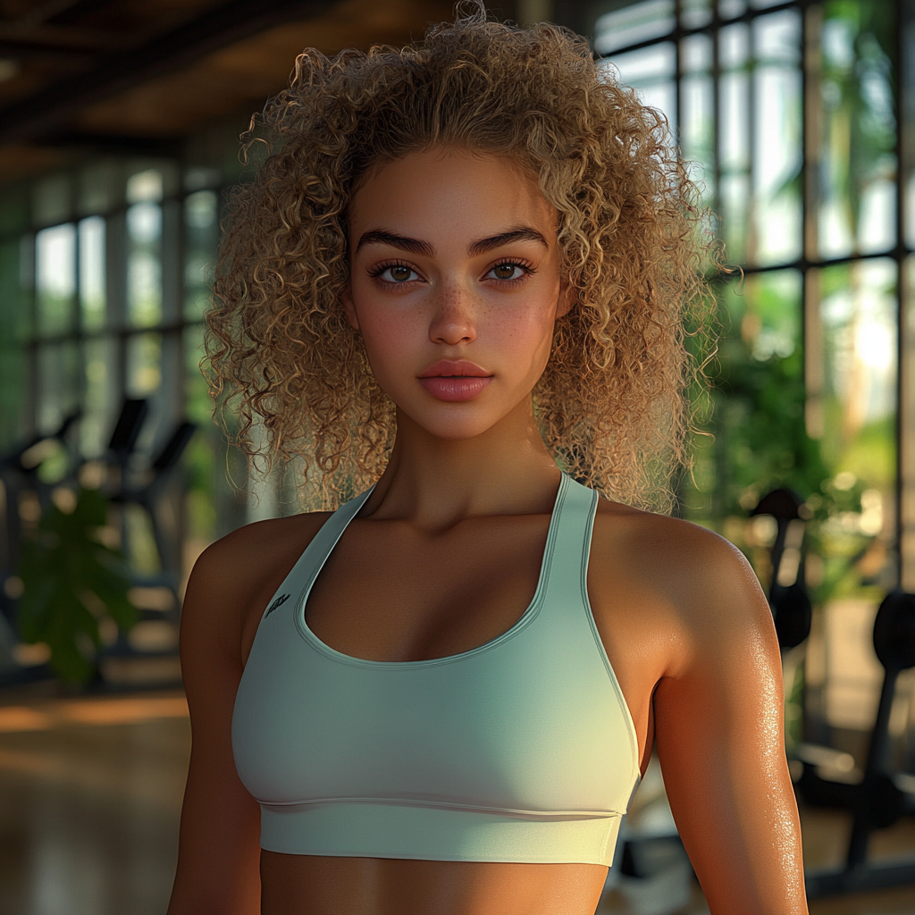 Hyper-realistic photo of curly blonde influencer at gym.