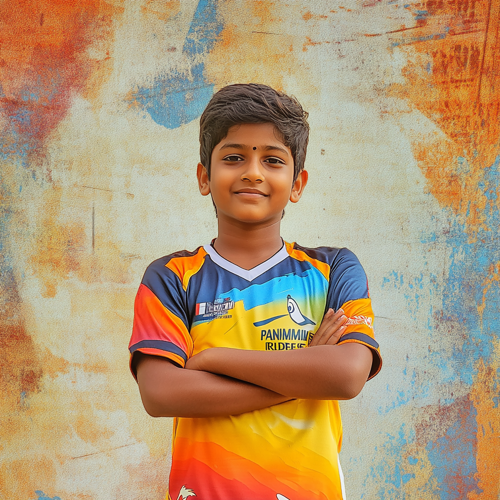 Hyper realistic photo: South Indian boy in kabaddi jersey