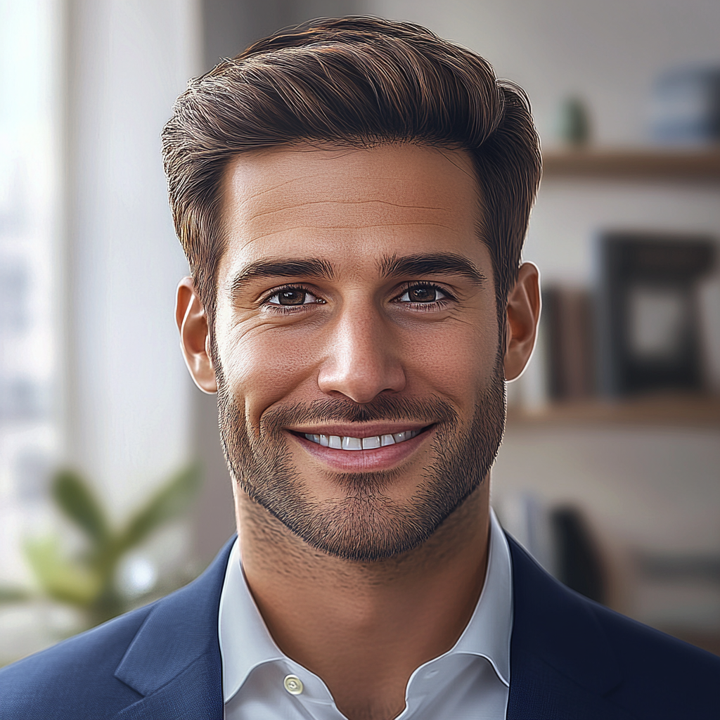 Hyper-realistic portrait of handsome finance blogger Adam Jackson.