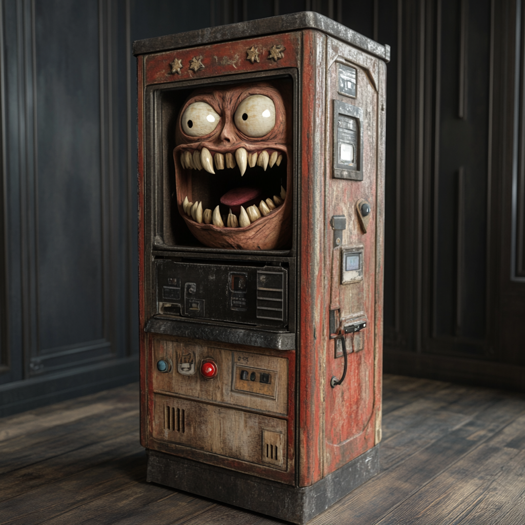 Hyper realistic vending machine with wooden puppet vampire.