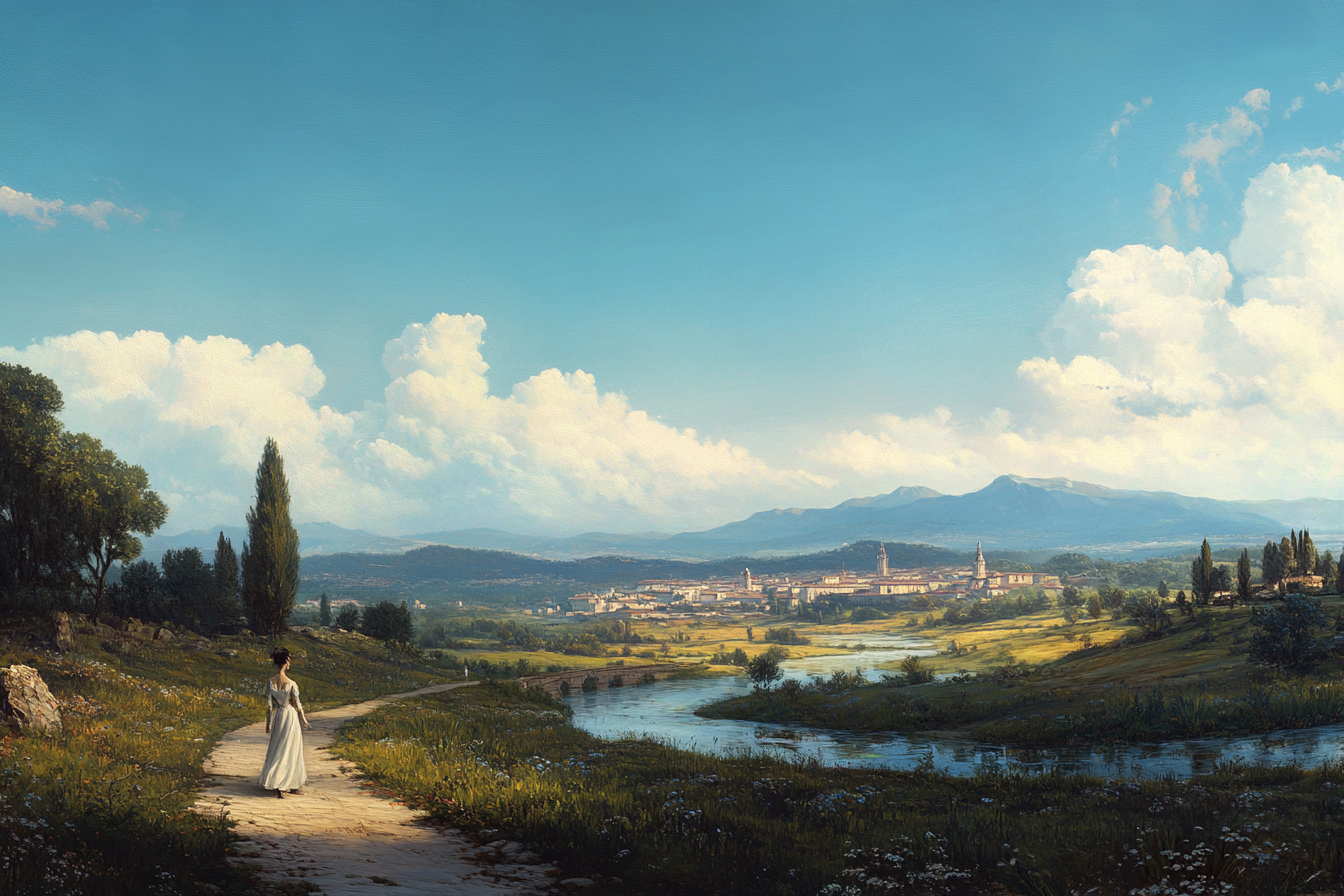 Hyperrealist landscape painting with elegant woman walking, river.