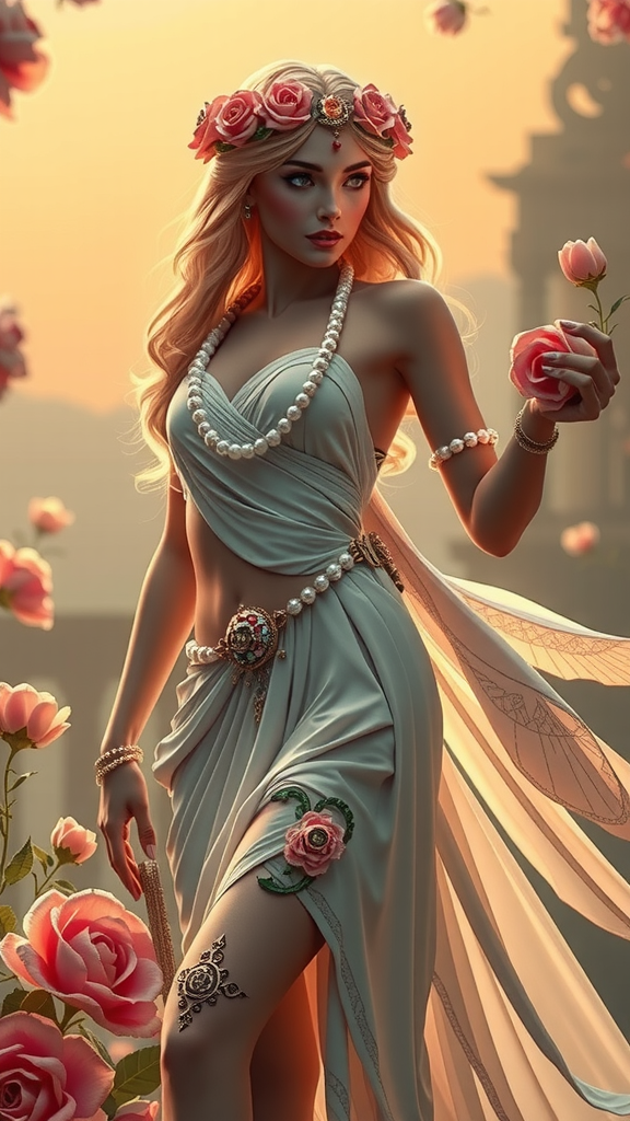 Hyperrealistic Aphrodite Standing in Flower Garden