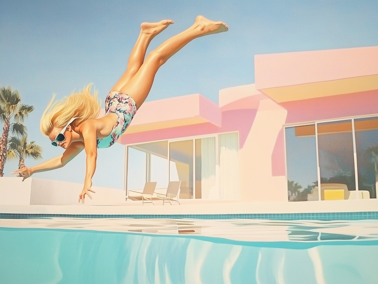 Hyperrealistic David Hockney & Edward Hopper Woman Pool Dive