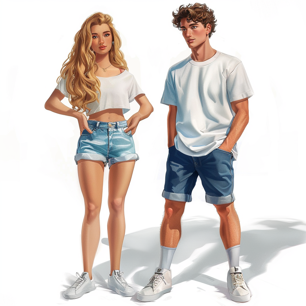 Hyperrealistic Female and Male Hosts with Blonde and Brown Hair, T-shirts, Shorts, and Shoes - Stock Photo.