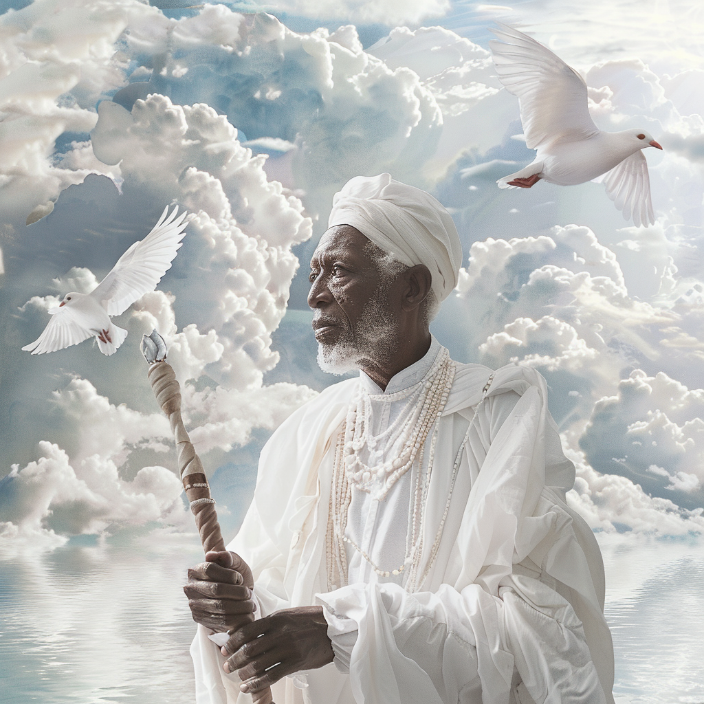 Hyperrealistic image of Orisha Obatala, old man in white.