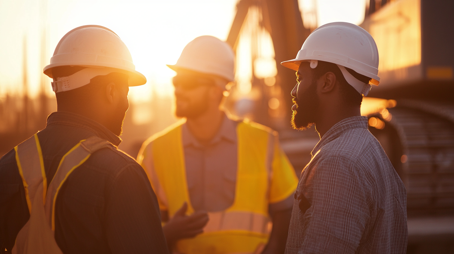 Hyperrealistic photo of diverse construction workers near machinery.