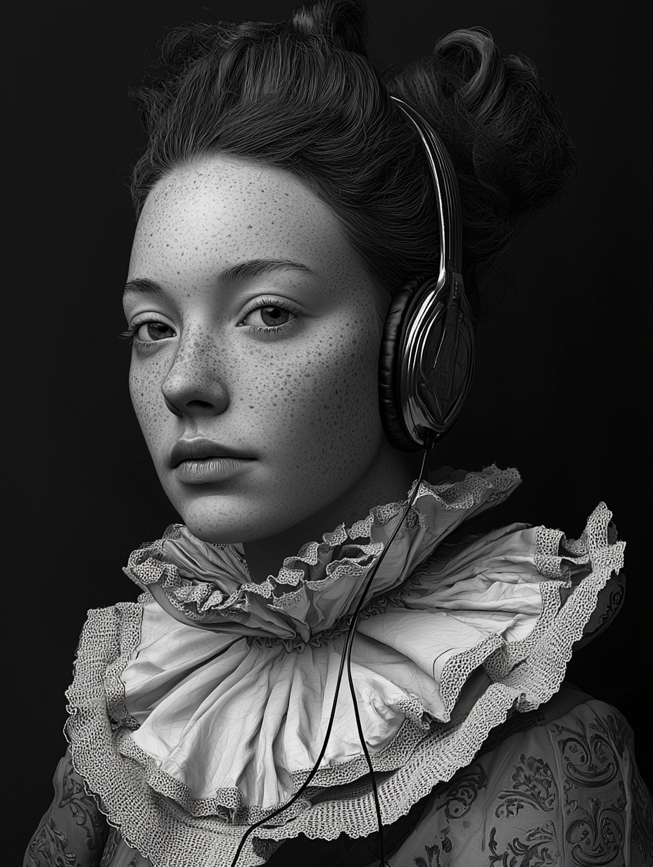 Hyperrealistic portrait of young queen in 1800s with headphones