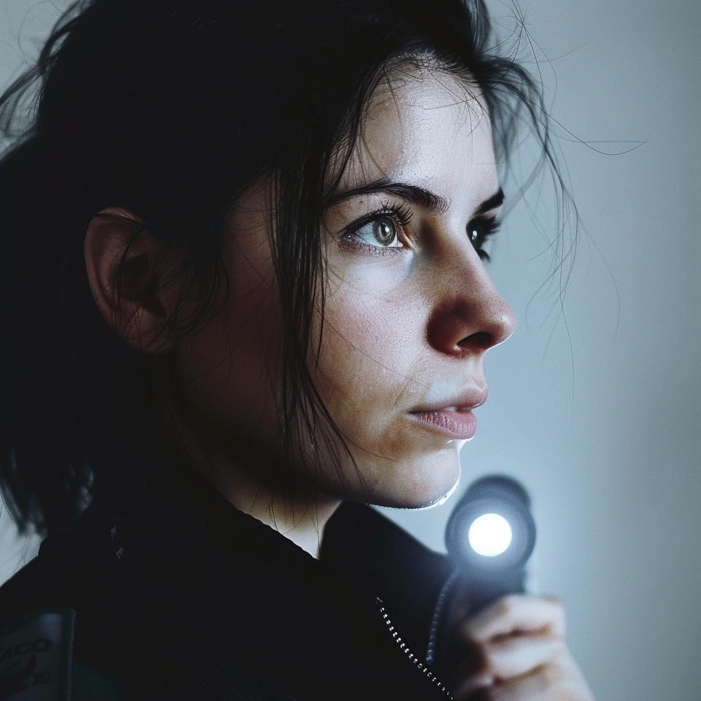 Hyperrealistic profile of female policewoman with flashlight