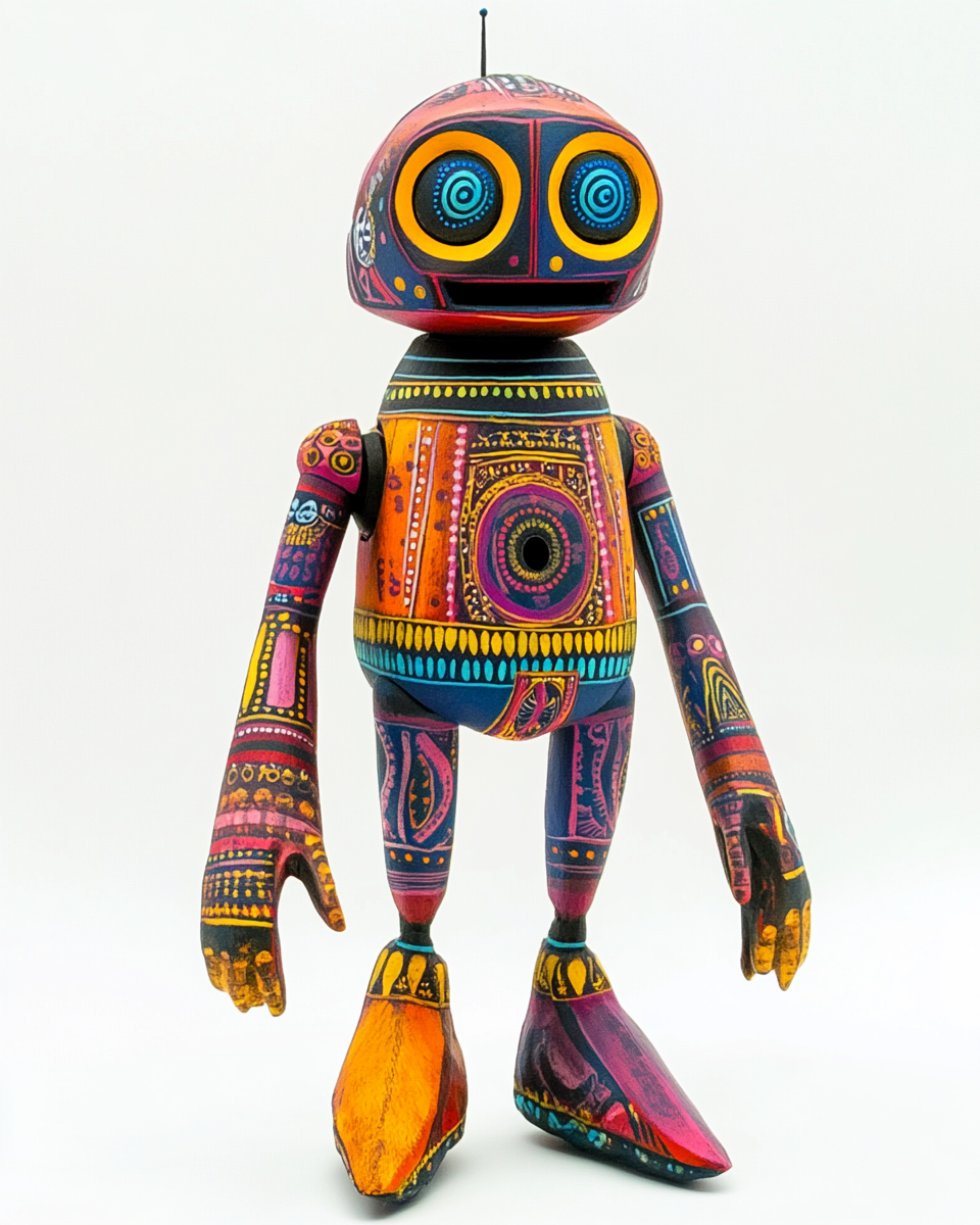 IG-11 droid painted like alebrije on wooden carving.