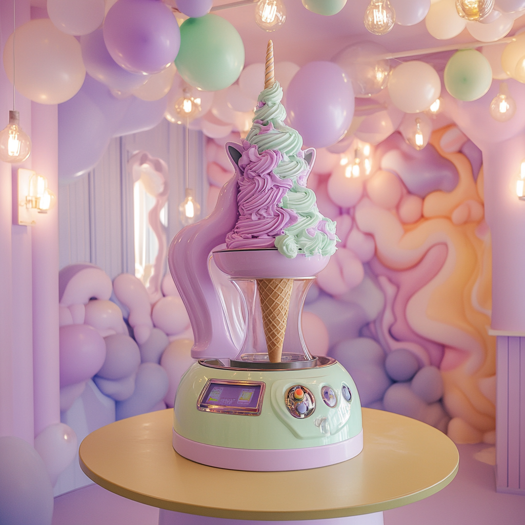 Ice cream cone tower with pastel balloons at amusement park.