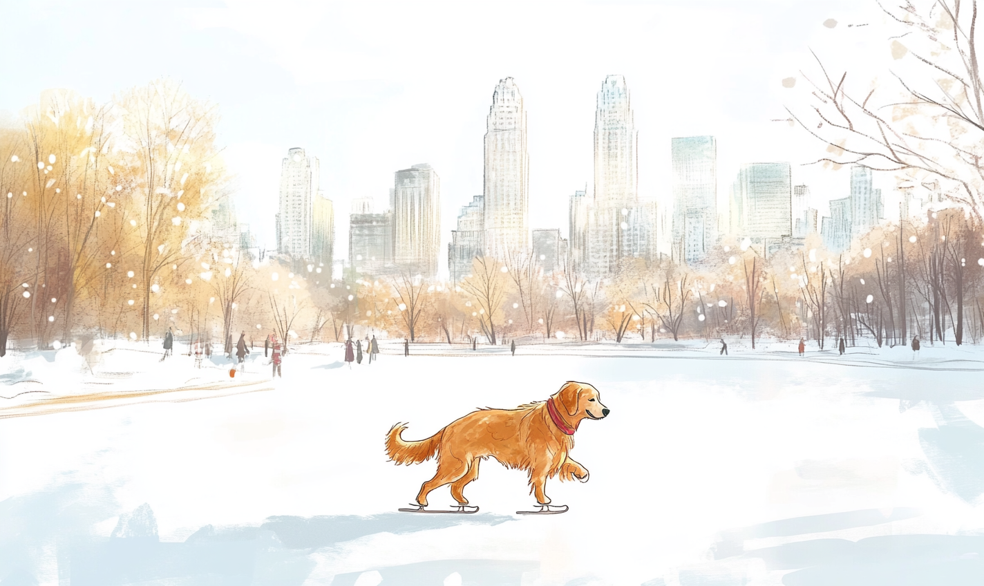 Ice-skating golden retriever in Central Park, Christmas children's book.