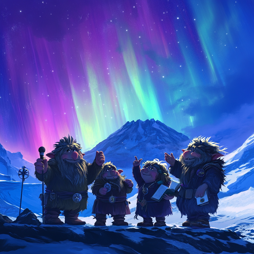 Icelandic Troll Characters Giving Speech Under Northern Lights