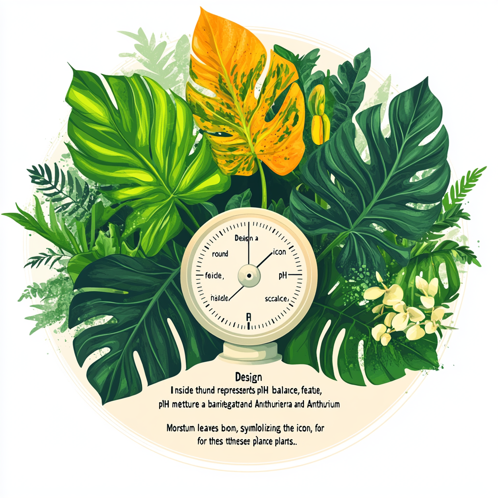 Icon: pH balance represented with pH meter. Monstera, Anthurium leaves.