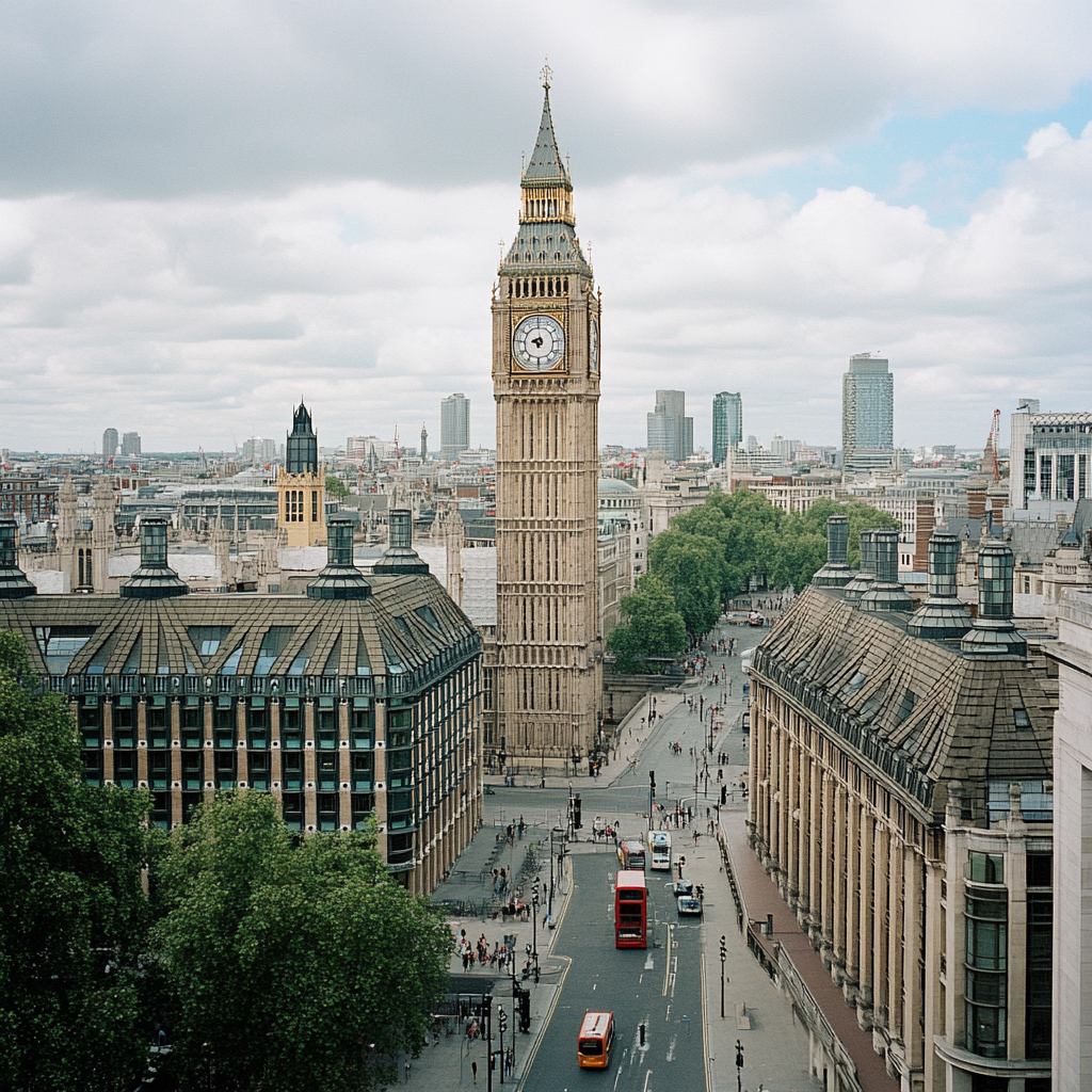 Iconic Big Ben stands out among modern, generic buildings.