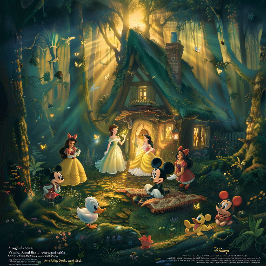 Iconic Disney princesses and characters unite in magical forest.