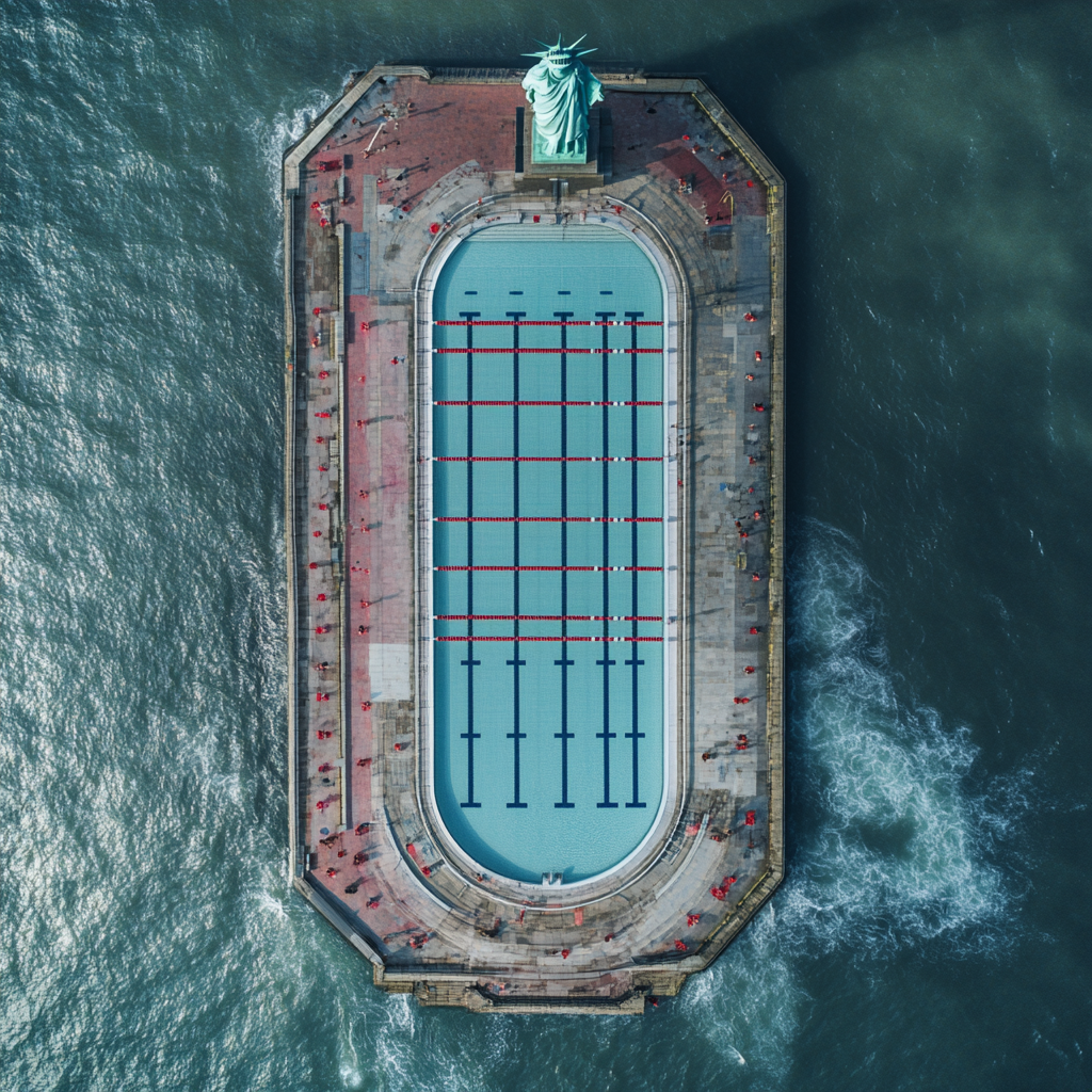 Iconic Olympic Pool at Statue of Liberty - Aerial FujiFilm Raw Shot