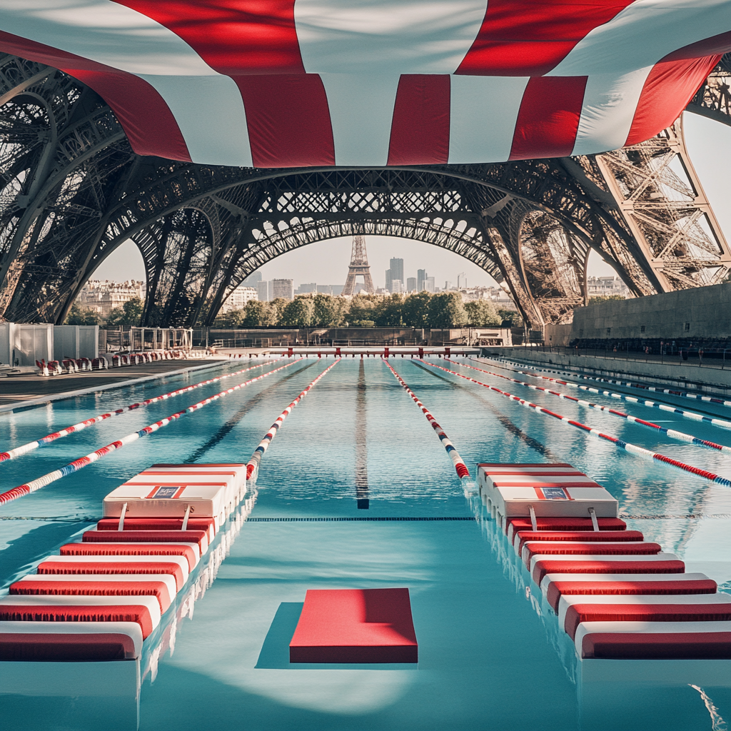 Iconic Olympic Swimming Pool Below Eiffel Tower Fujifilm Style