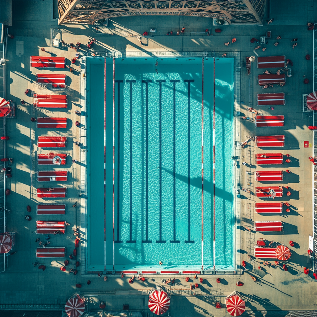 Iconic Olympic Swimming Pool by Eiffel Tower Aerial Shot