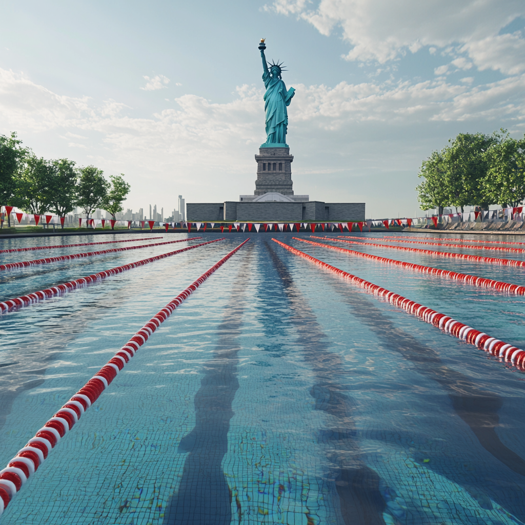 Iconic Olympic swimming pool at Statue of Liberty, Fujifilm style, 1:1 ratio