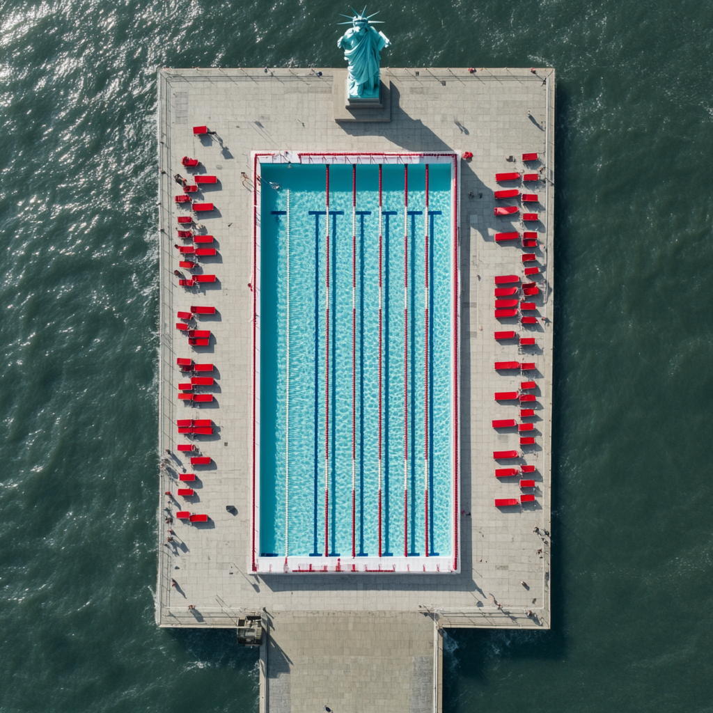 Iconic Olympic swimming pool with Statue of Liberty 