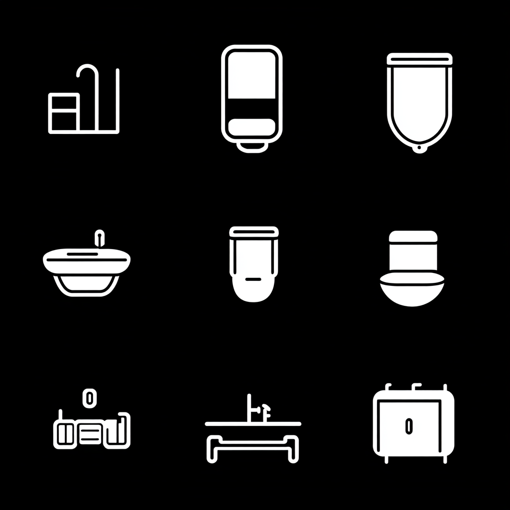 Icons for various rooms and spaces in black and white