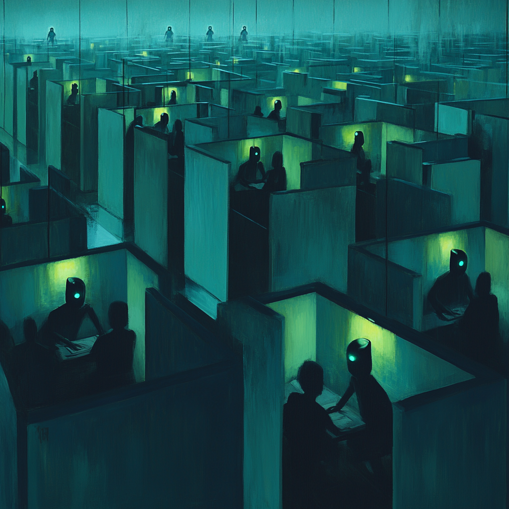 Identical cubicles filled with faceless figures working silently.