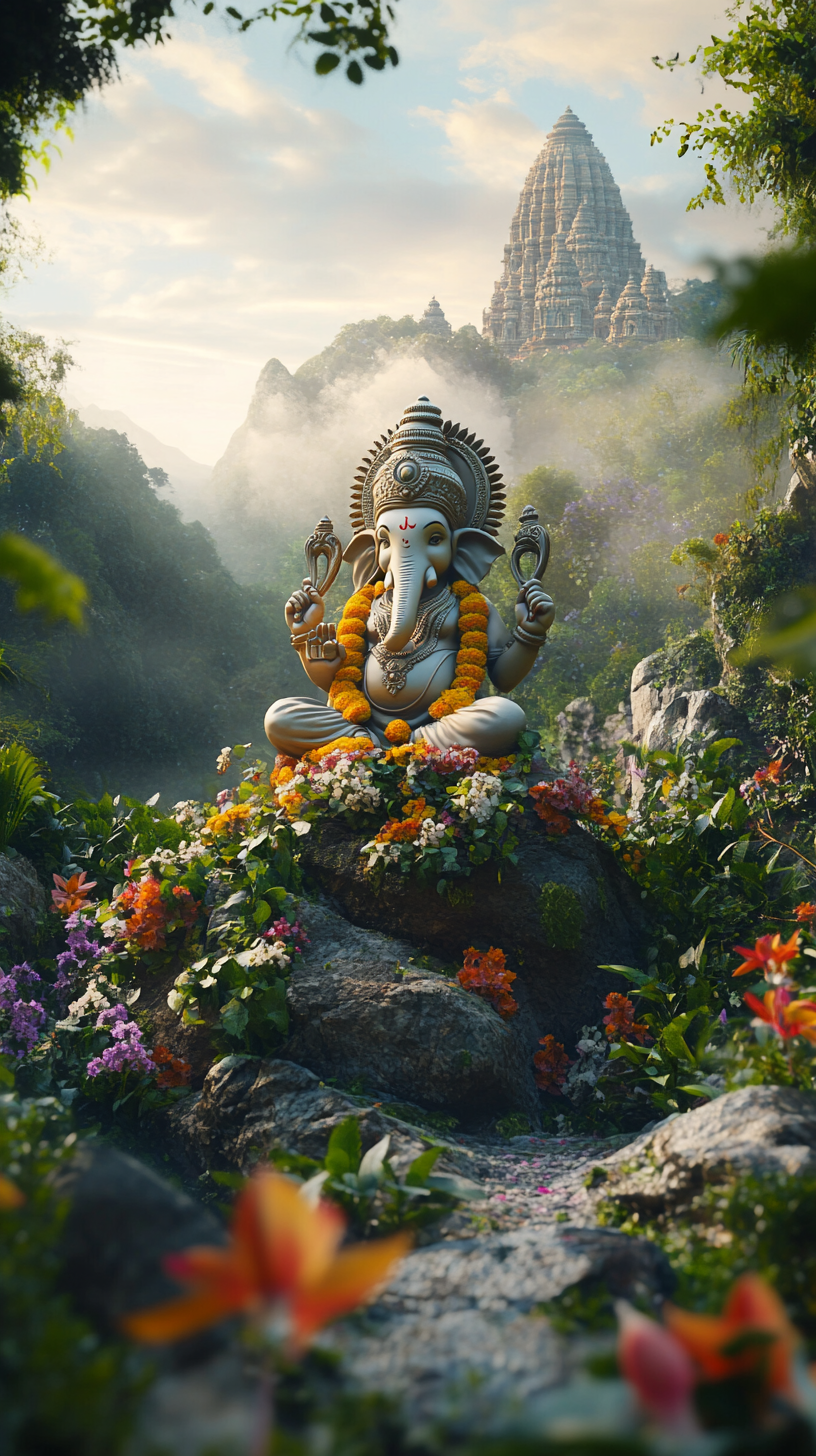 Idol on rock, valley with flowers, Hindu temple, people.