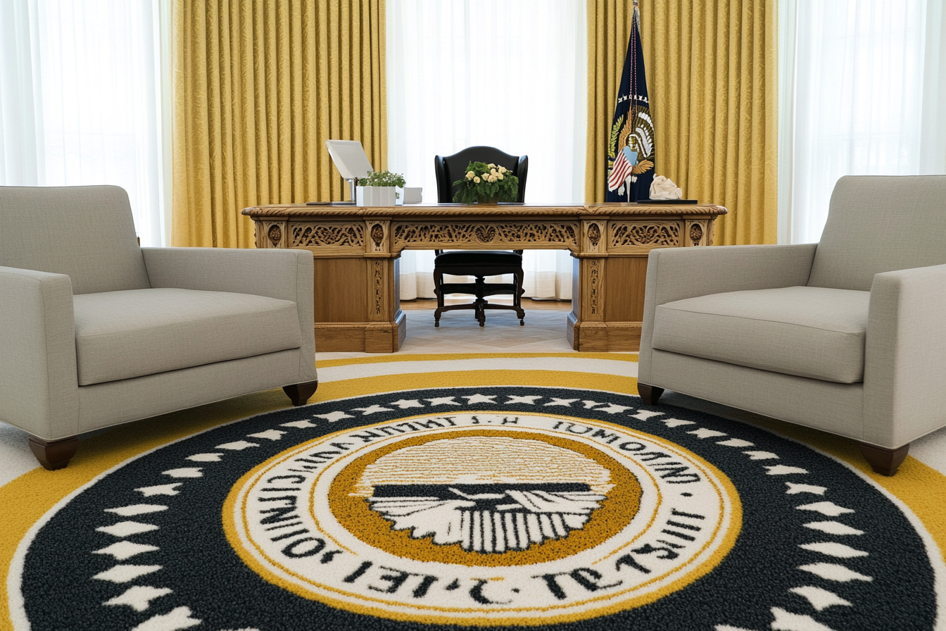 Ikea furniture in Oval Office with Presidential Seal carpet.