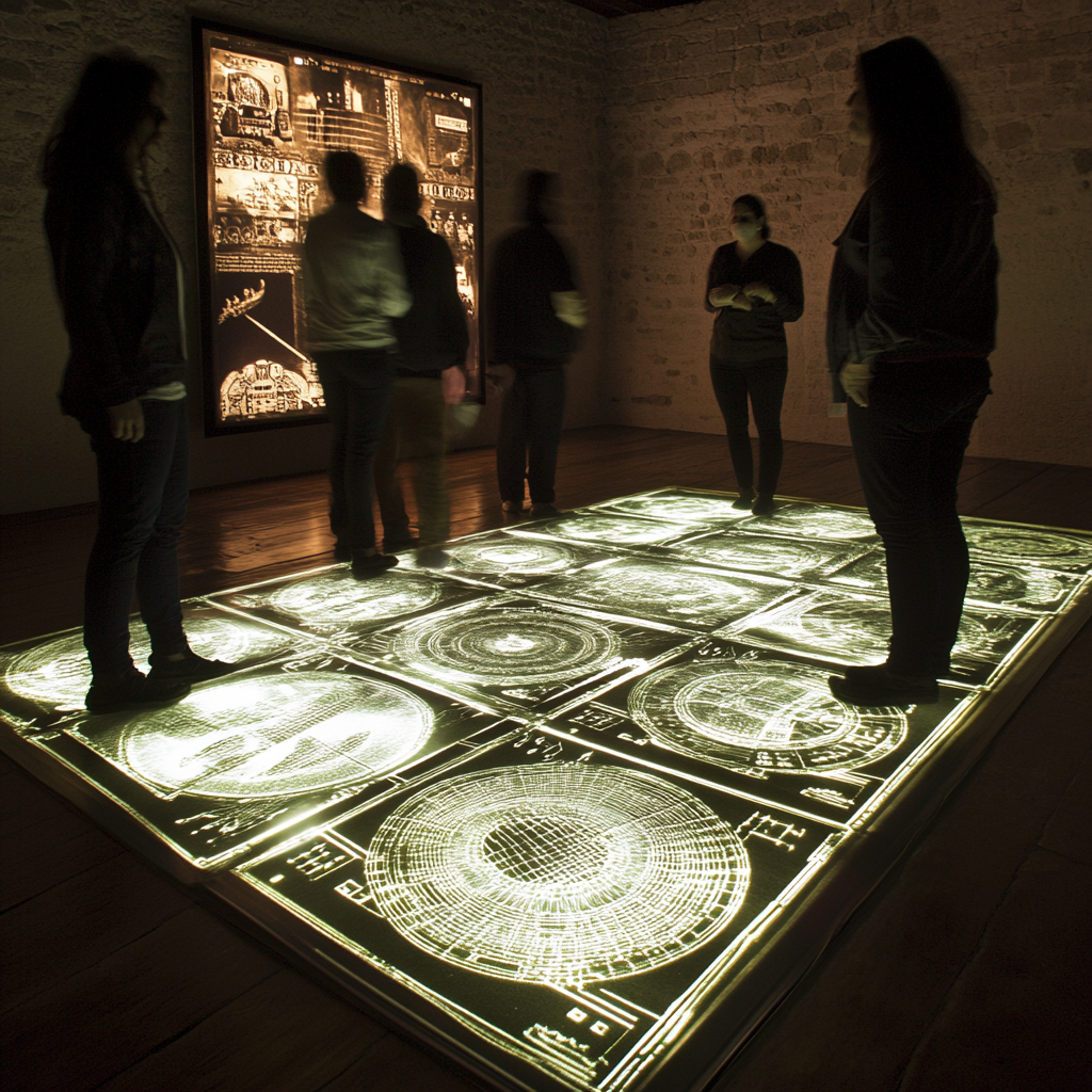 Illuminated board with Michoacan music instruments and circles.