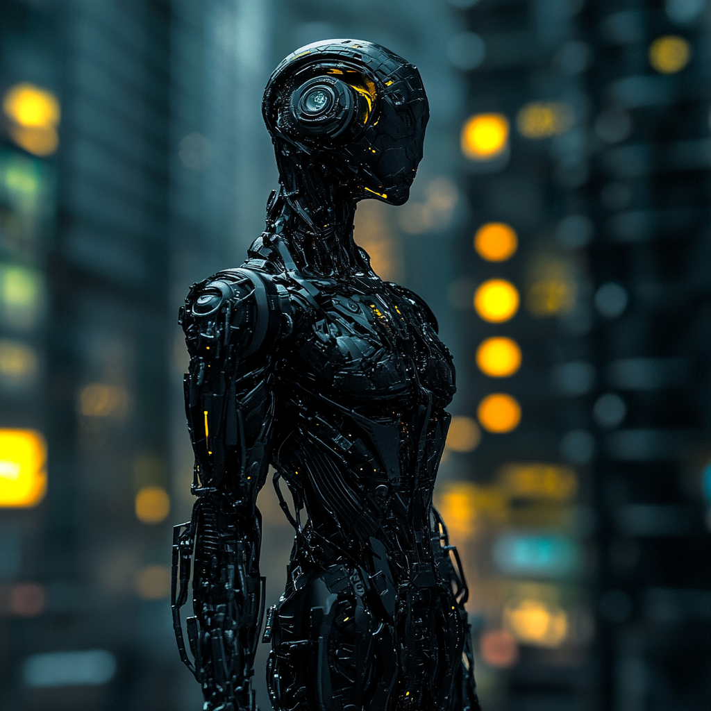 Illuminated futuristic humanoid sculpture in dark cyberpunk city.