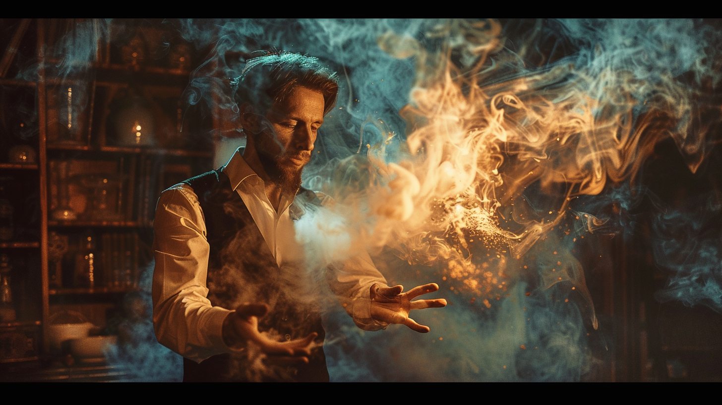 Illusionist creates swirling smoke, dimly lit room.