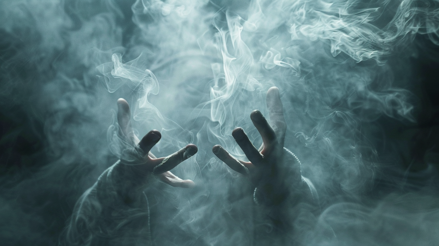 Illusionist dissolves object with swirling smoke, cinematic lighting.