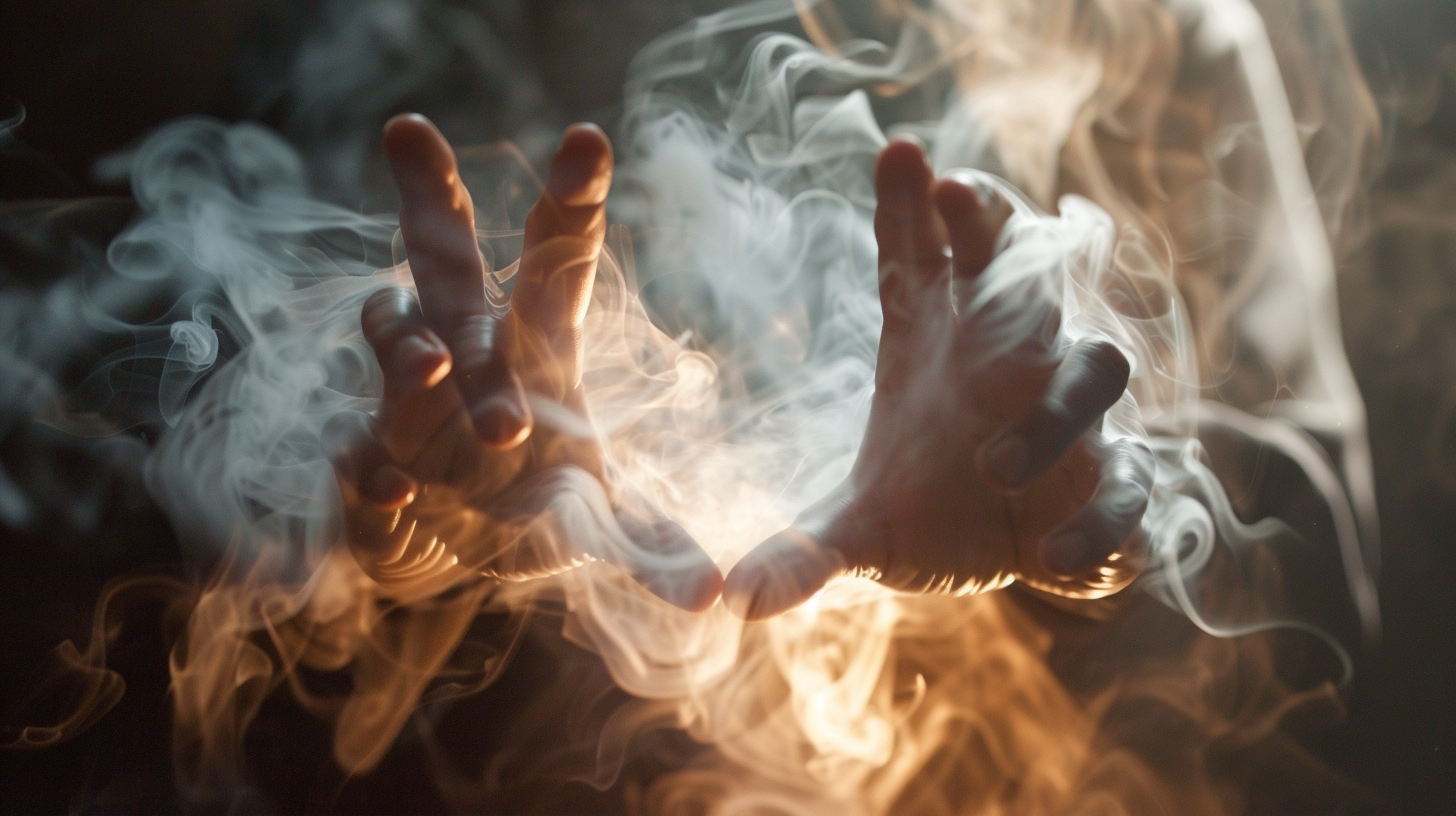 Illusionist transforms object into foggy smoke with lighting.