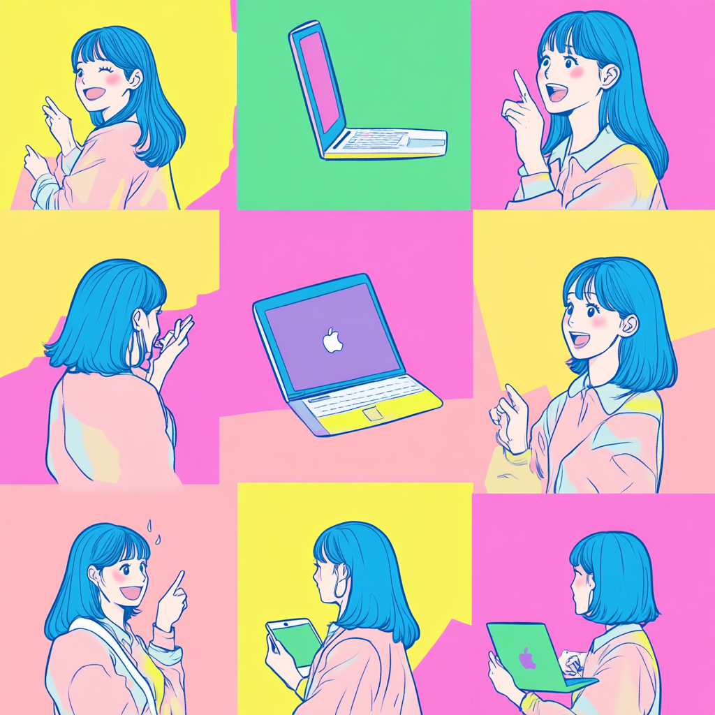 Illustrate 30-year-old Japanese woman with Mac computer, expressions, hairstyles.